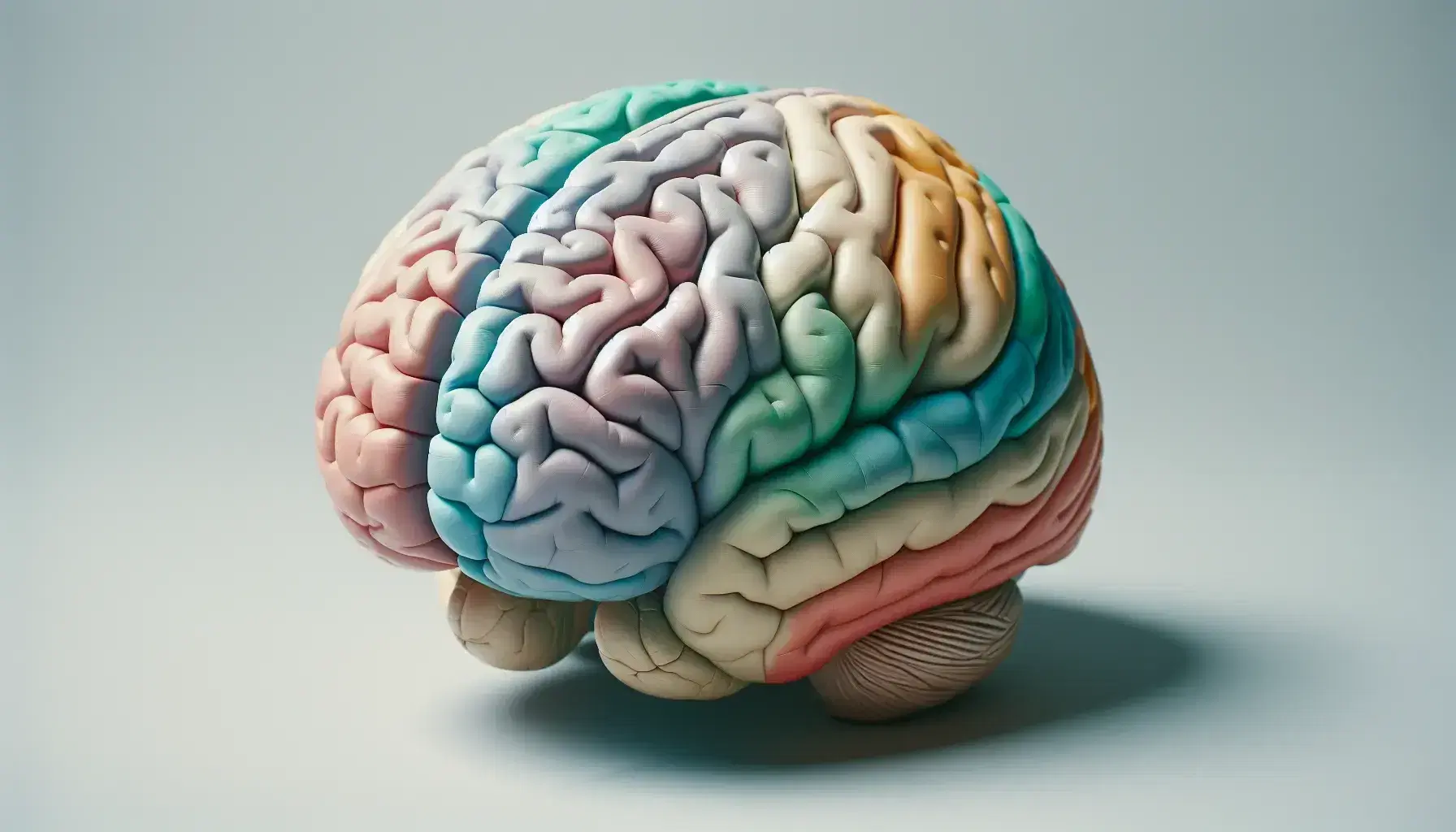 Anatomical model of the human brain with colored lobes: frontal in blue, parietal in pink, occipital in green, temporal in yellow, cerebellum in purple.