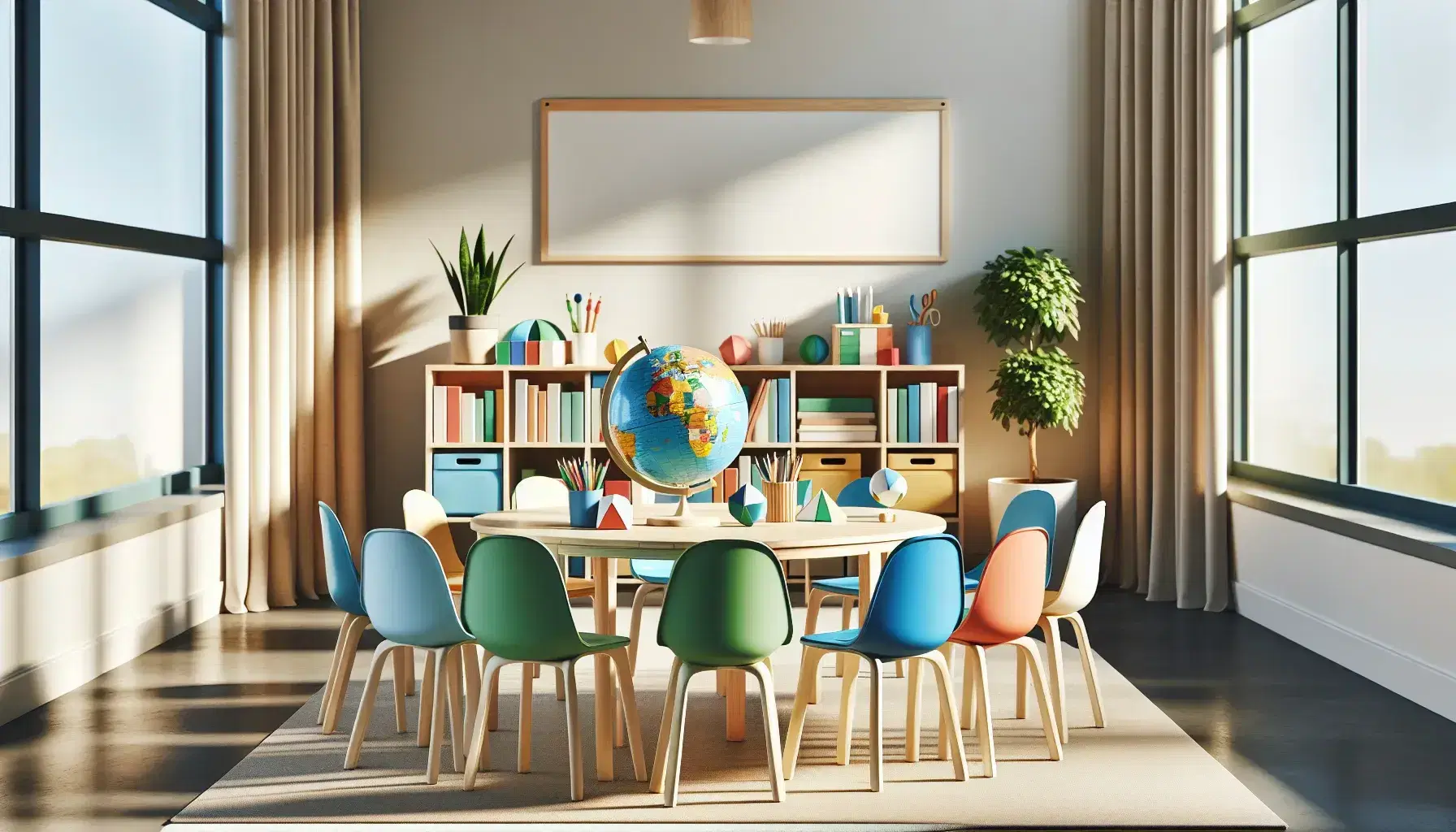 Aula colorida con mesa redonda y sillas de colores, globos terráqueos, figuras geométricas, plantas y estantes con libros, con un profesor explicando y niños atentos.