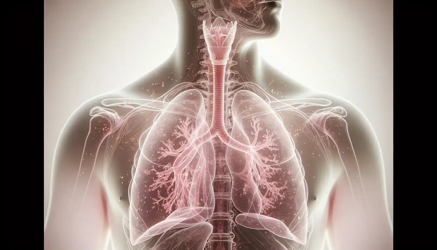 Rappresentazione dettagliata del sistema respiratorio umano con polmoni, trachea e bronchi visibili in un torso trasparente.