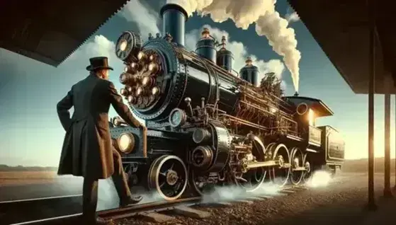 Locomotiva a vapore vintage in funzione con ingegnere in abiti d'epoca, vapore bianco e cielo azzurro sullo sfondo.