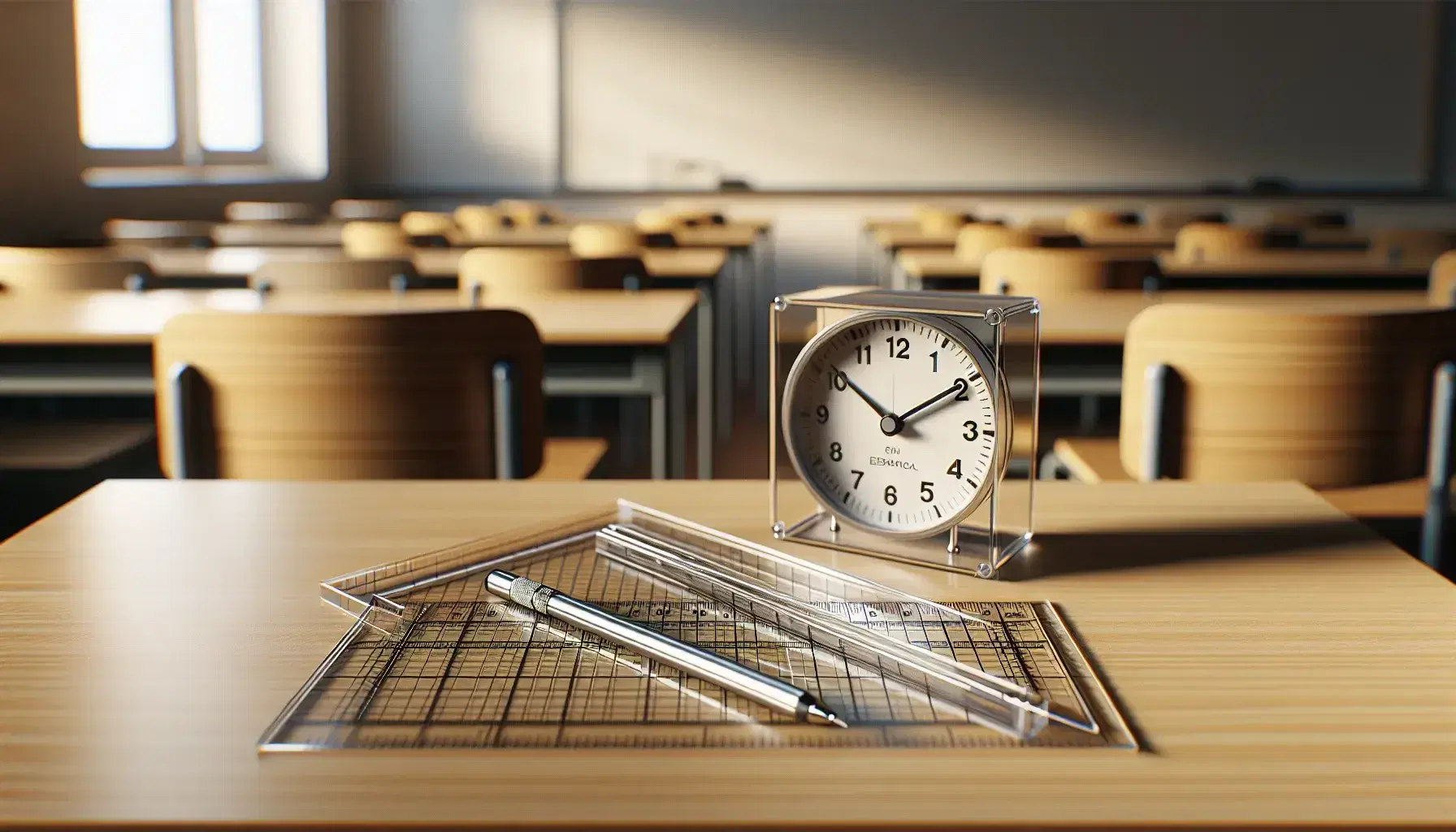 Neat classroom desk with transparent ruler, mechanical pencil and round wall clock, blurred wooden chairs background.
