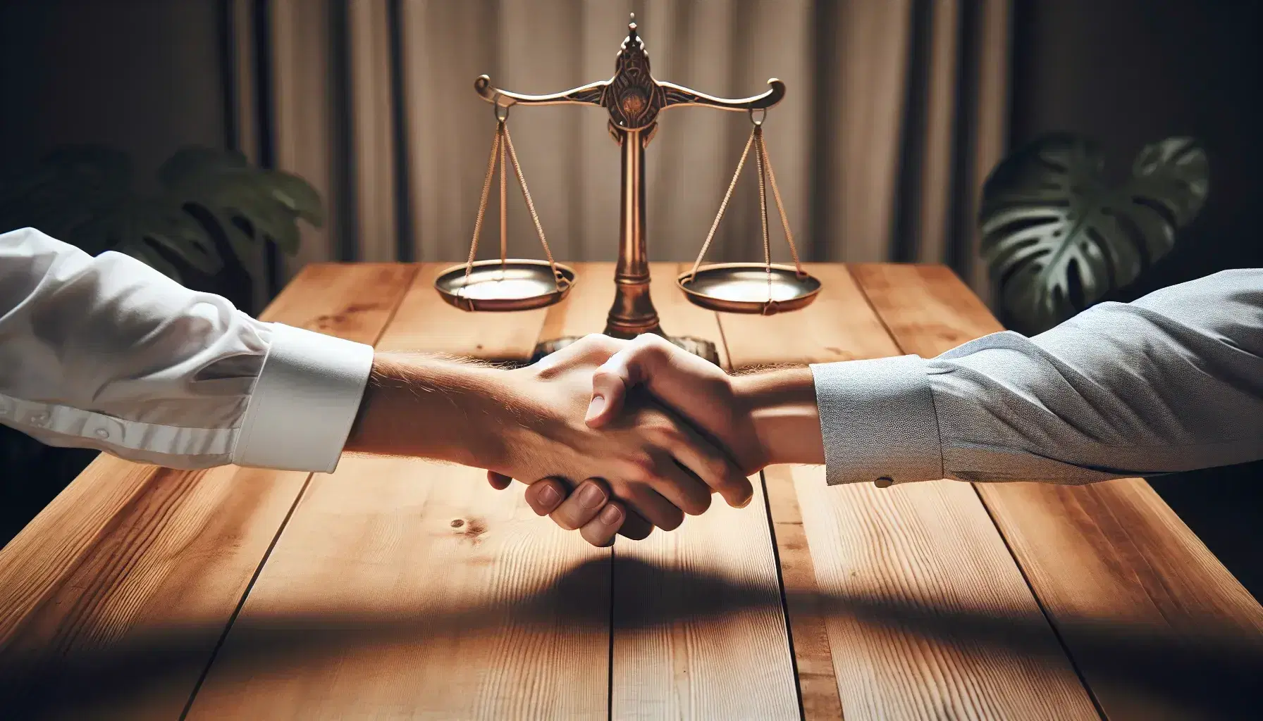 Apretón de manos entre dos personas con camisas de vestir sobre mesa de madera con balanza de justicia equilibrada y planta desenfocada al fondo.