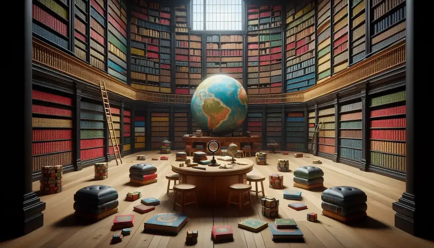 Biblioteca accogliente con libreria in legno scuro piena di libri colorati, scala, tavolo con globo e lente d'ingrandimento, sedie rosse.