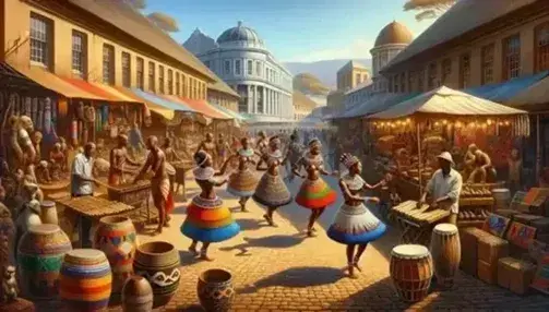 Zulu women in traditional dress dance in a lively South African market, among craft stalls and a musician with a marimba, under a blue sky.