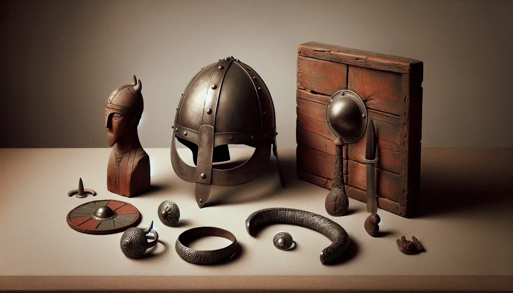 Viking helmet with nose guard, silver arm ring with etched patterns, carved wooden figurine, and a shield with a central metal boss, alongside a carved stone slab.