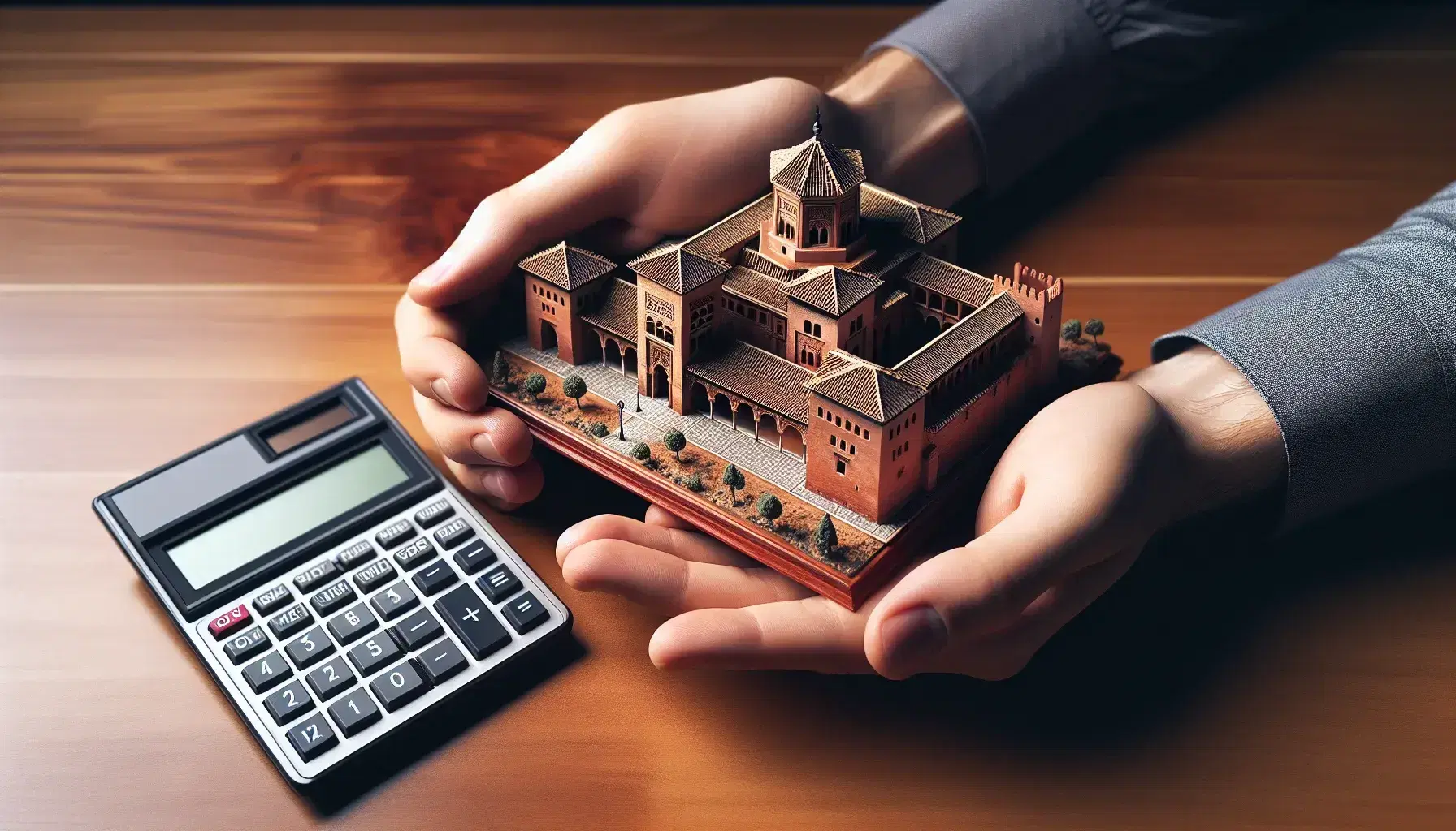 Hands cradle a detailed miniature Alhambra model with a calculator on a wooden desk, symbolizing Spain's cultural and economic blend, bathed in natural light.