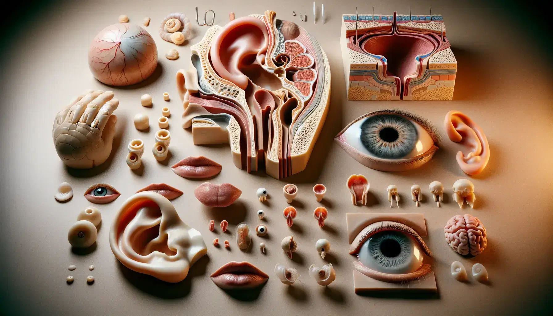 Modelos anatómicos de órganos sensoriales humanos, incluyendo oído, ojo azul, nariz, lengua con papilas gustativas y sección de piel con folículos pilosos.