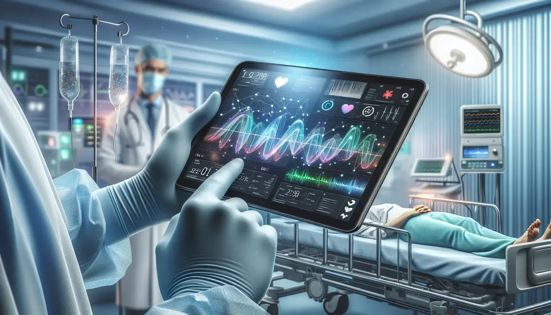 Mano con guantes quirúrgicos sosteniendo tablet con gráficos médicos, doctor y paciente en segundo plano en ambiente clínico moderno.