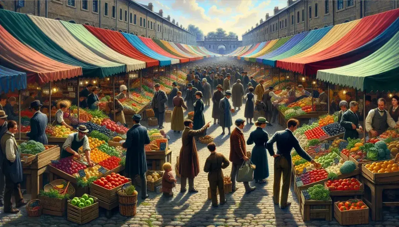 Mercado al aire libre con puestos de frutas, verduras y quesos, gente comprando y socializando en un día soleado.