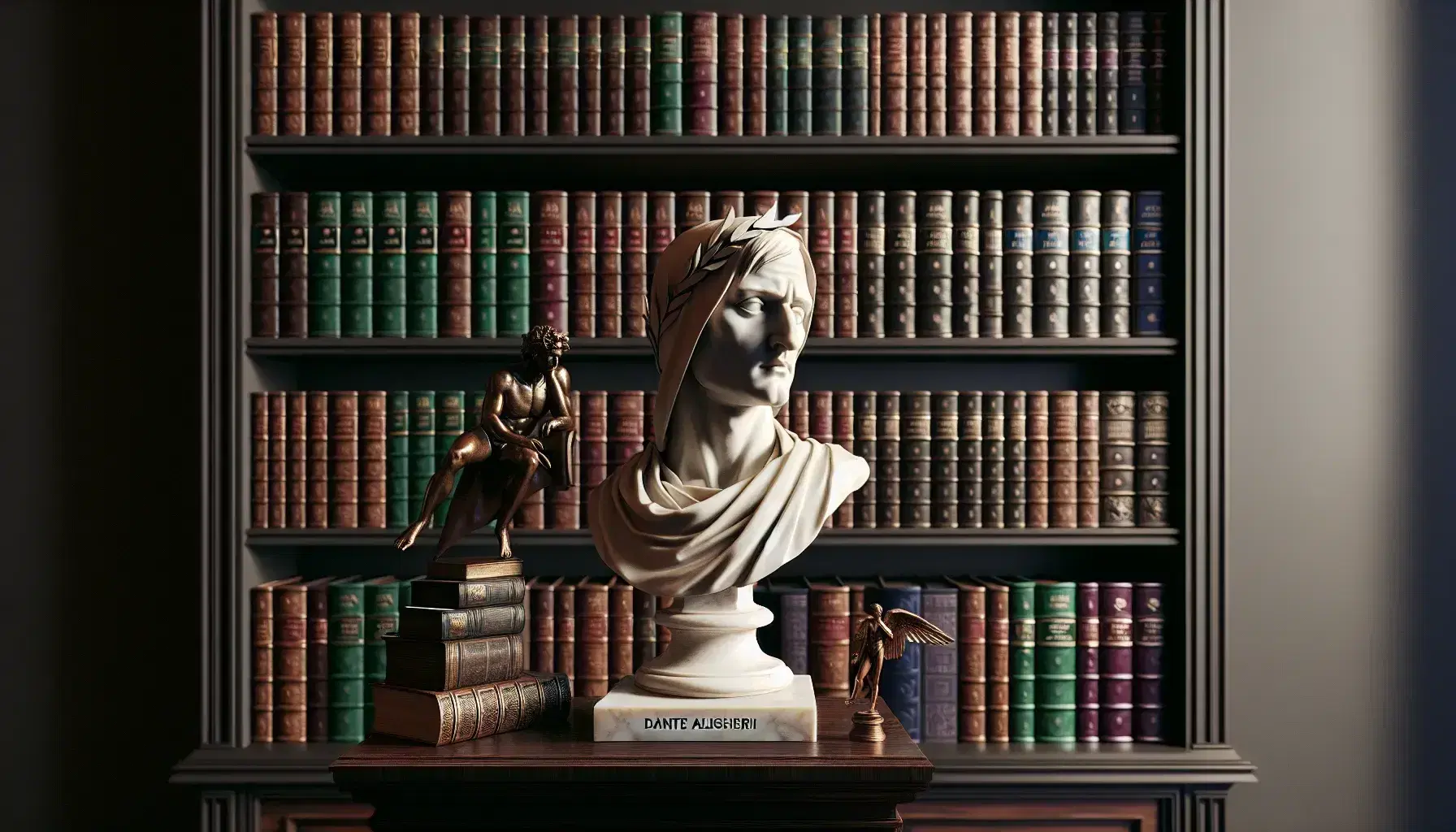 Busto in gesso di Dante Alighieri su piedistallo in legno scuro, con libreria antica, penna stilografica, calamaio e occhiali in primo piano.