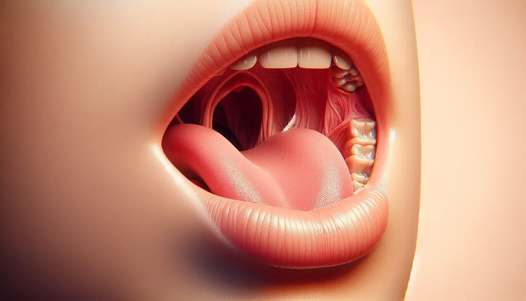 Close-up view of a human mouth with parted lips, a low-positioned tongue, and visible upper throat, larynx, and epiglottis against a soft beige background.