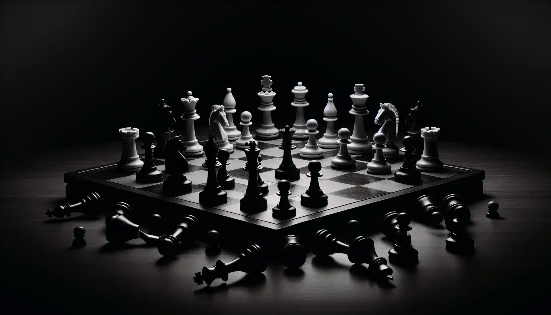 Chessboard in the foreground with Staunton pieces, white queen facing black knight, some fallen pieces, dark background, soft shadows.