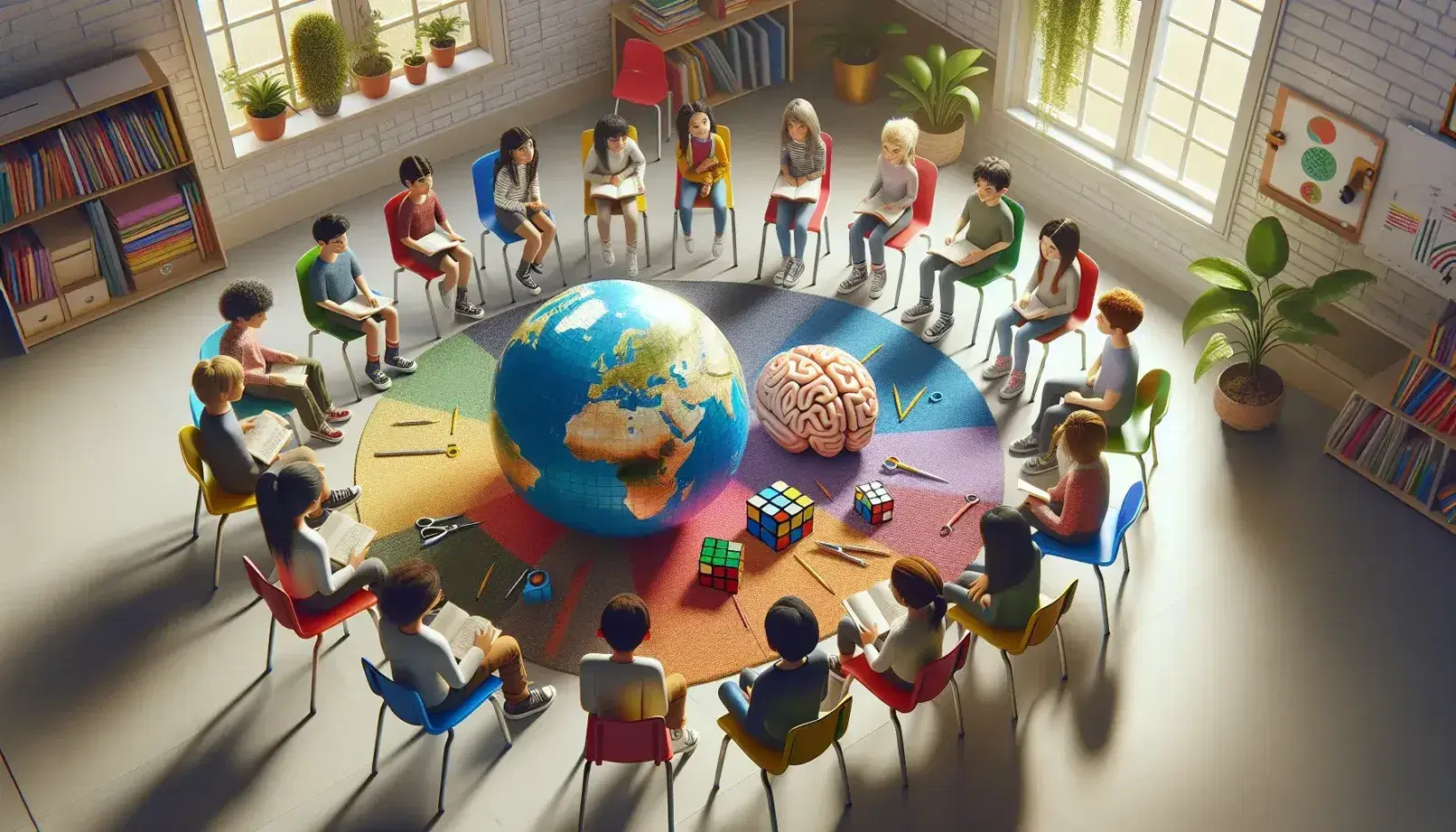 Studenti seduti in cerchio discutono attorno a un globo terrestre, un cubo di Rubik, un modello di cervello e una pianta in aula luminosa.