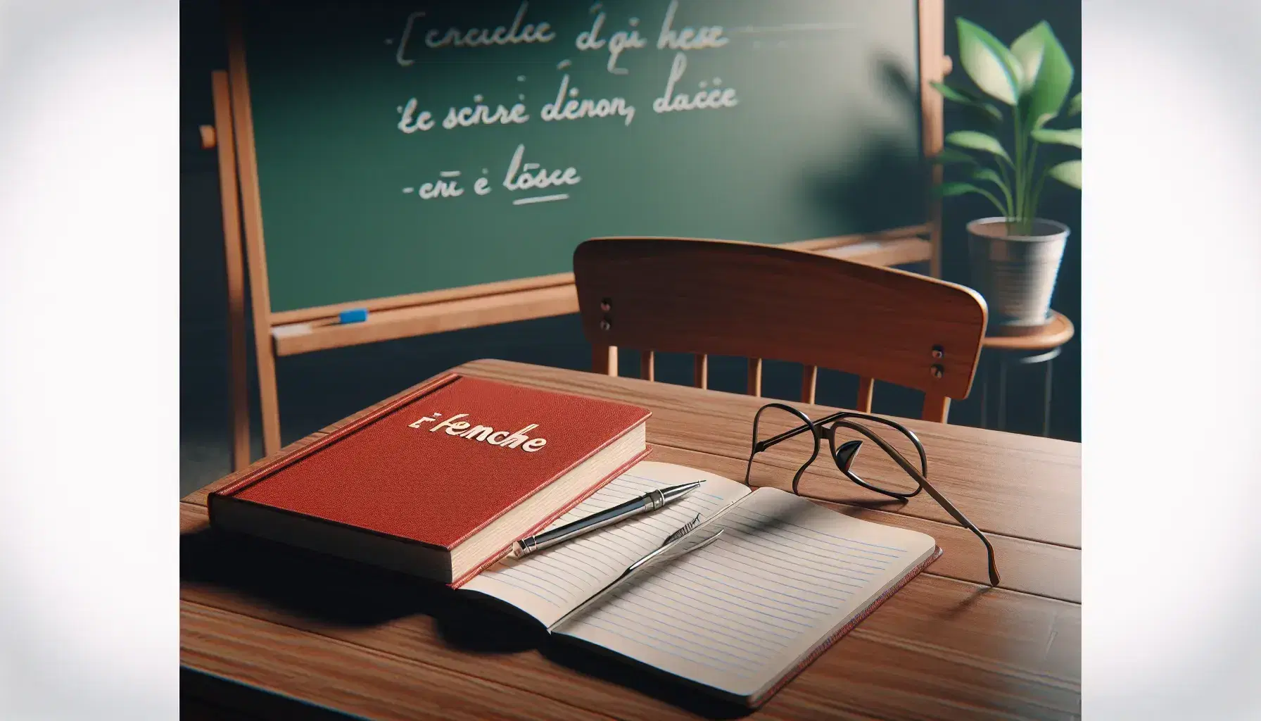 Classroom with French textbook on desk, blank chalkboard, teacher's chair, potted plant on table, and sunlight streaming through a window.