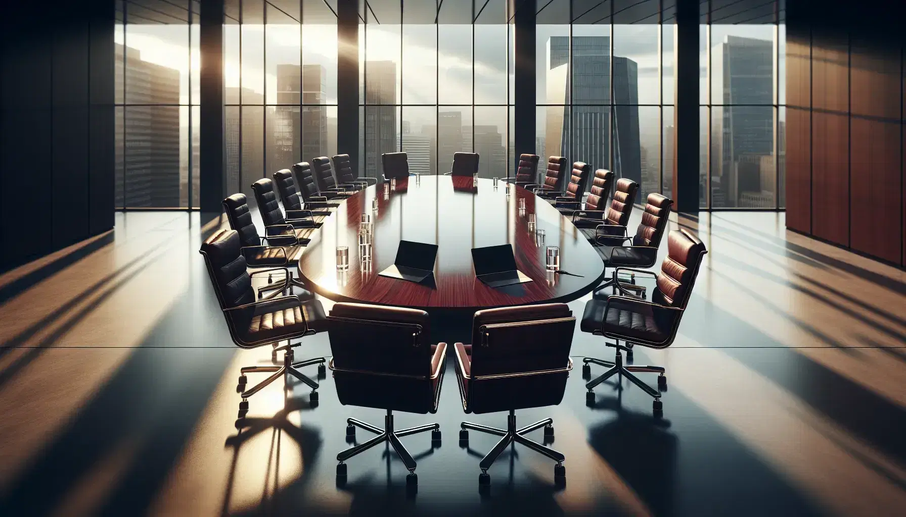 Elegant boardroom with a large oval wooden table, burgundy leather chairs, sleek laptops, and a city skyline view through floor-to-ceiling windows.