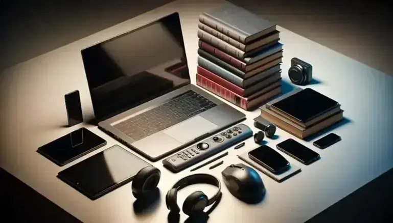 Dispositivos electrónicos y libros en escritorio, incluyendo laptop abierto, smartphone, tablet, auriculares negros y ratón inalámbrico gris.