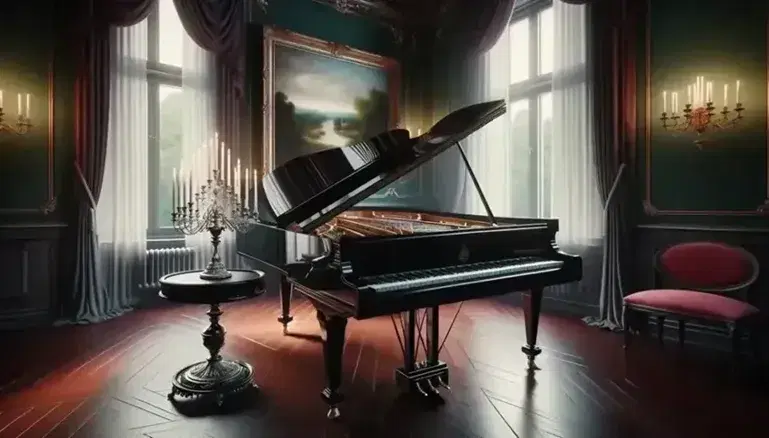 Pianoforte a coda nero lucido in sala d'epoca con candelabro d'argento, tende rosse e quadri di paesaggi sulle pareti.