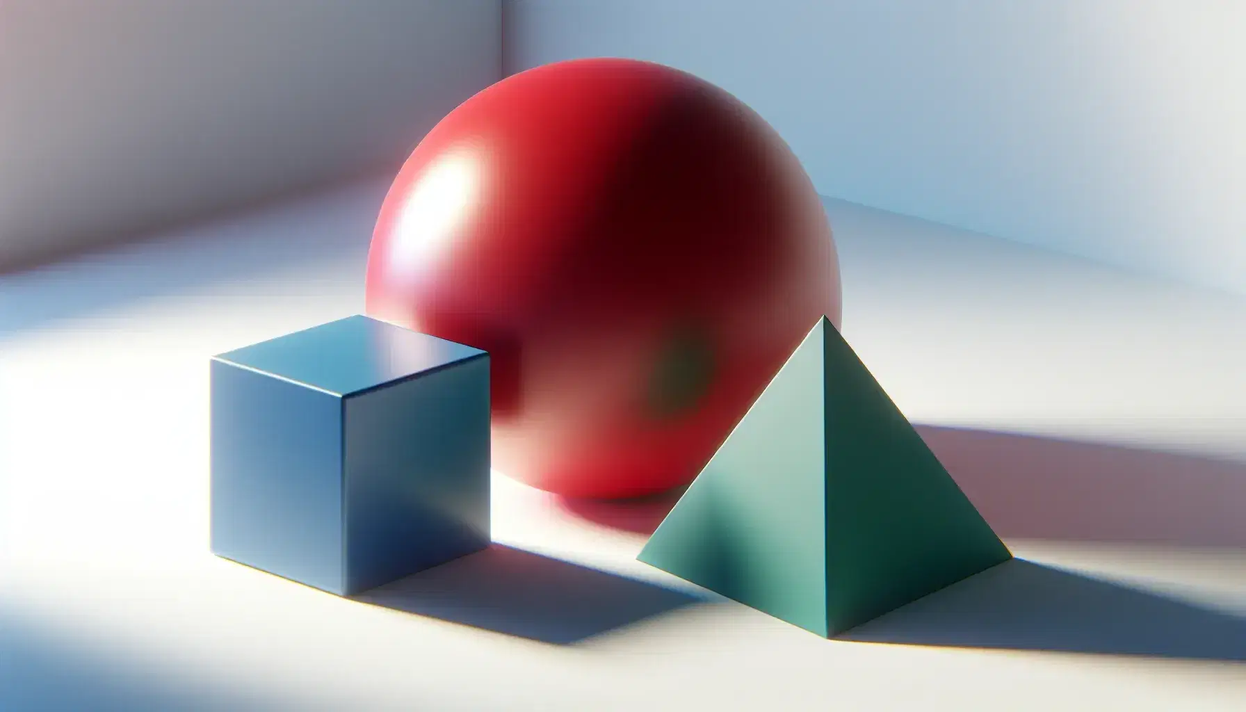 Three geometric shapes—a red sphere, a blue cube, and a green pyramid—with colored arrows pointing in different directions on a white background.