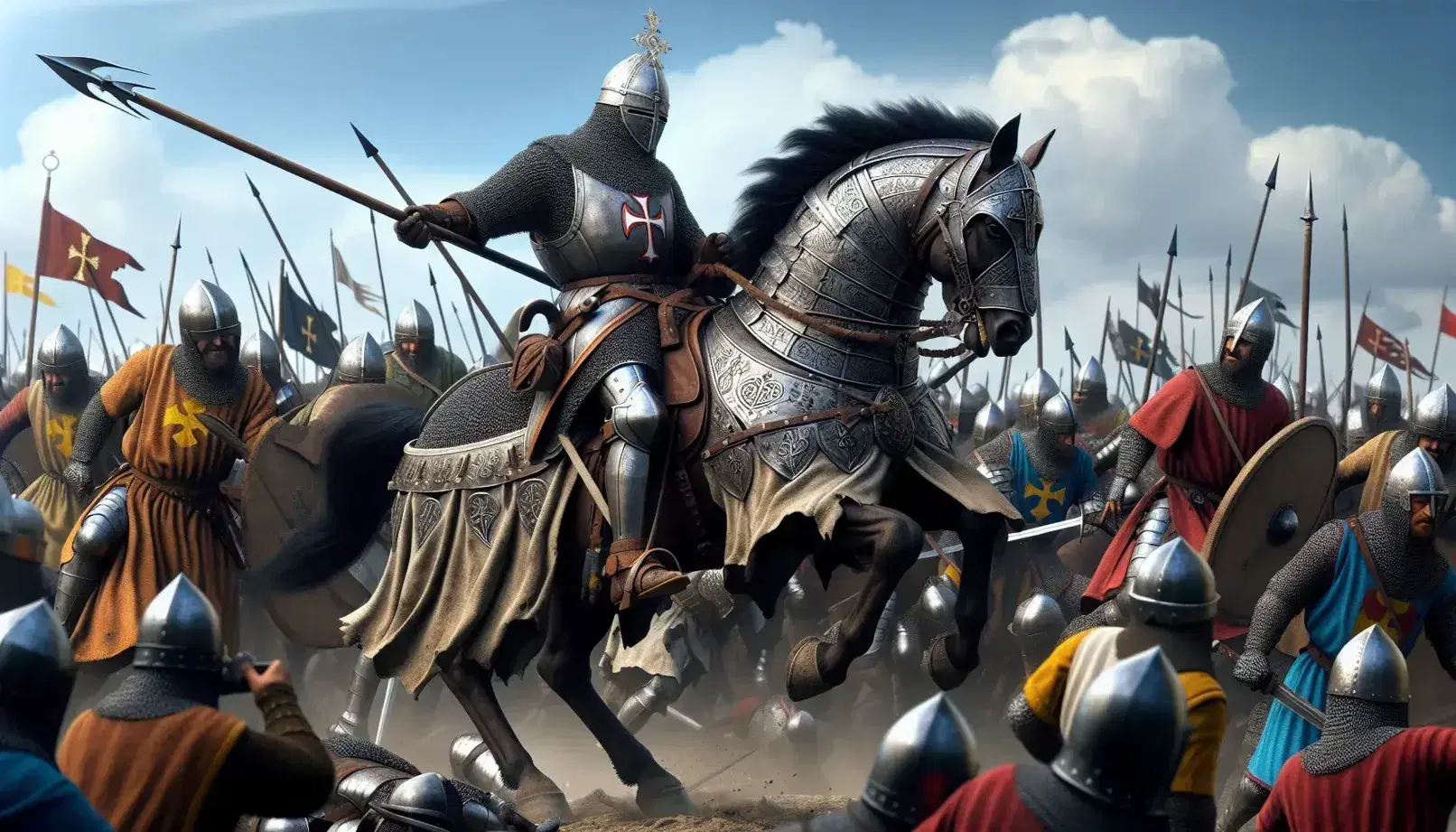 Cavaliere in armatura su cavallo durante battaglia delle Crociate, circondato da guerrieri armati tra caos e fervore bellico.