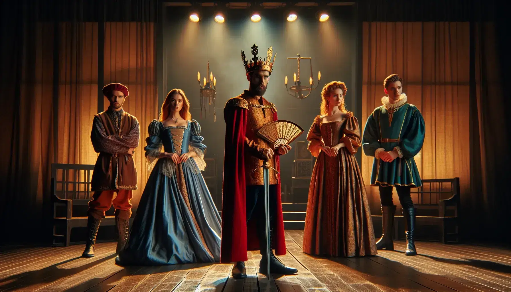 Cinque attori teatrali in costume su palco in legno, con re in mantello rosso e corona, dama in abito blu con ventaglio, eroe con spada, giullare e consigliere.