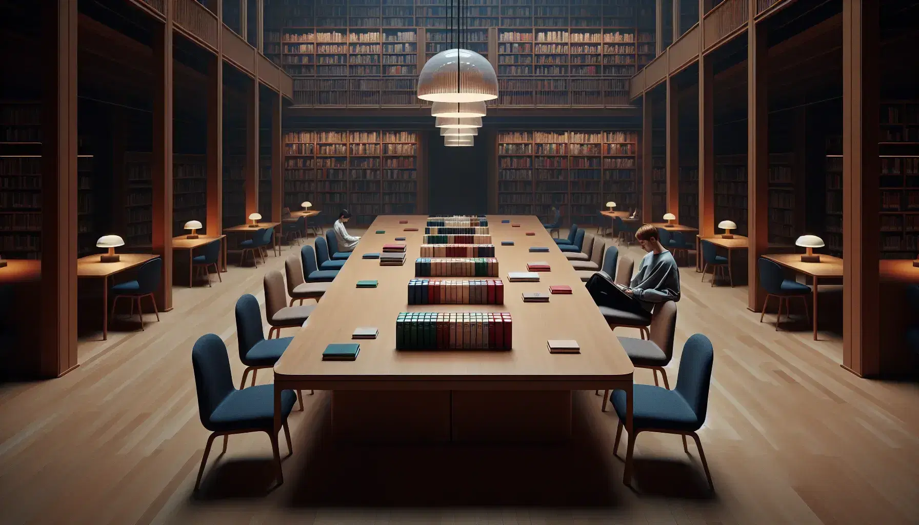 Biblioteca tranquilla con tavolo in legno chiaro, sedie ergonomiche blu, libri colorati ordinati e scaffali pieni, illuminazione soffusa, persone leggendo.