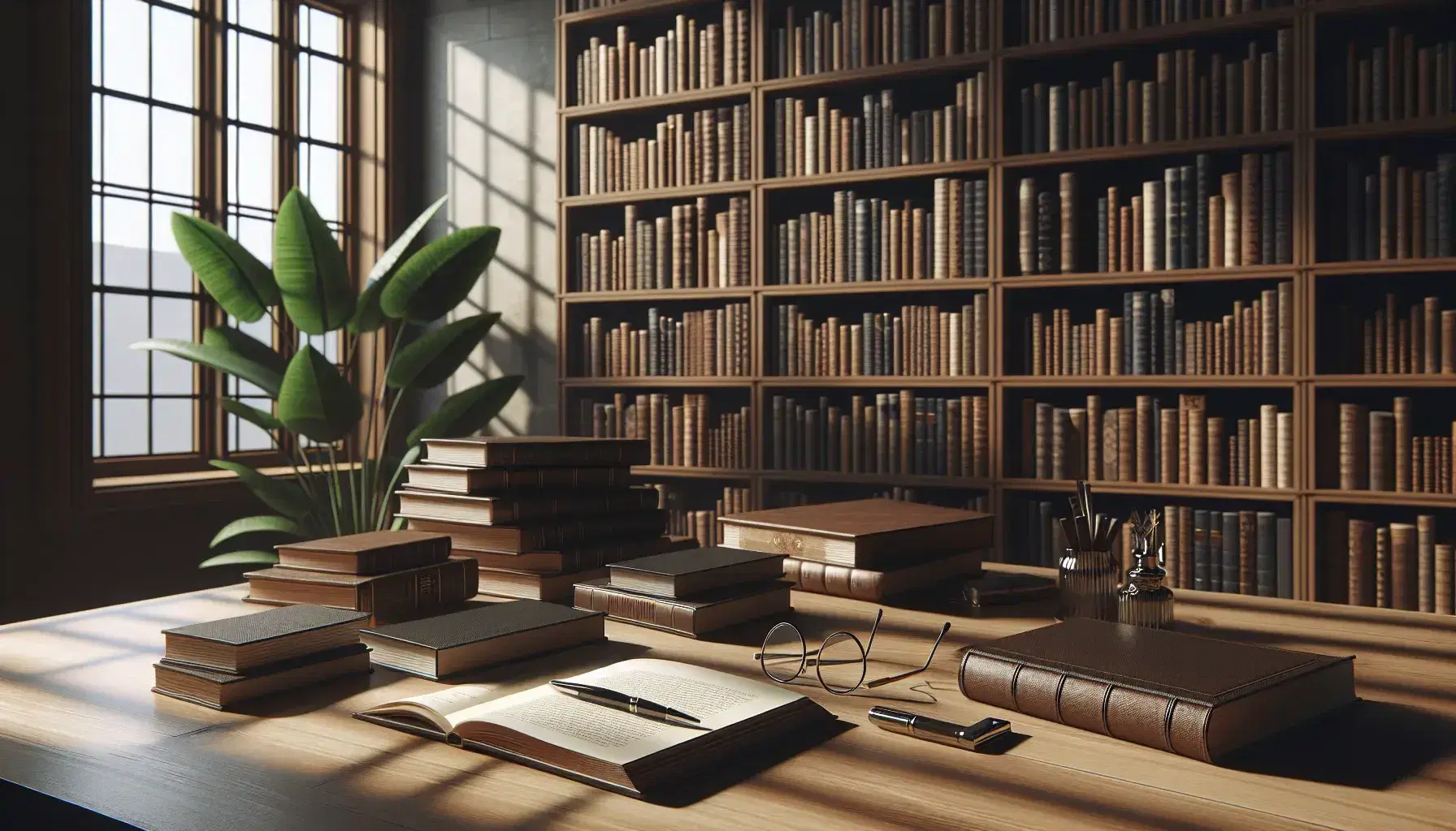 Biblioteca acogedora con estanterías de madera oscura llenas de libros, mesa central con libros abiertos, gafas y pluma estilográfica, luz natural entrando por ventana.