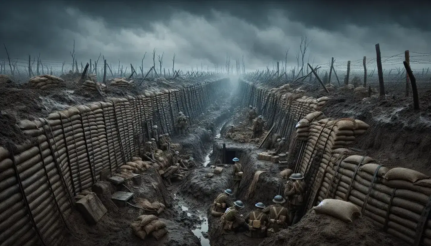 Paesaggio di battaglia della Prima Guerra Mondiale con trincea, sacchi di sabbia, filo spinato e soldati in uniforme tra crateri e alberi spogli.