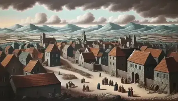 Villaggio lombardo del XVII secolo con edifici in pietra, tetti in tegole rosse, strada sterrata e figure in abiti d'epoca sotto un cielo nuvoloso.