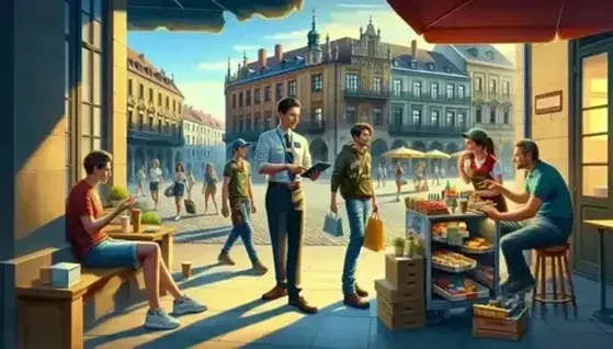 Vita cittadina in Italia con persone che lavorano e turisti in una piazza storica, tra caffè all'aperto e bancarelle di cibo.