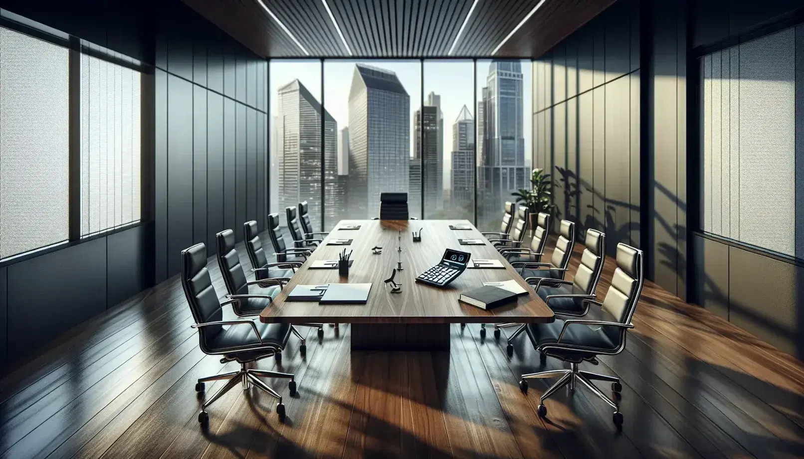 Modern corporate office with a large wooden conference table, black ergonomic chairs, a calculator, blank papers, and an open ledger, against a cityscape backdrop.