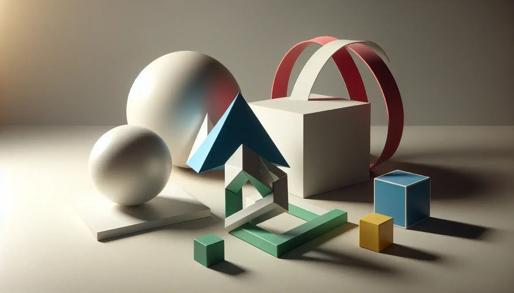 Solid white sphere in the center, blue tetrahedron and green cube on the sides, red pentagon and yellow Möbius strip in the background, silver hyperbolic plane in the foreground.