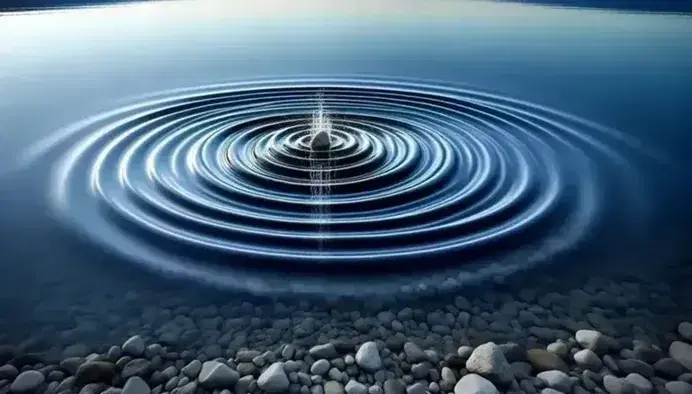 Onde concentriche su lago calmo con riflessi solari, origine invisibile, litorale con sassi e piante verdi, cielo sereno.