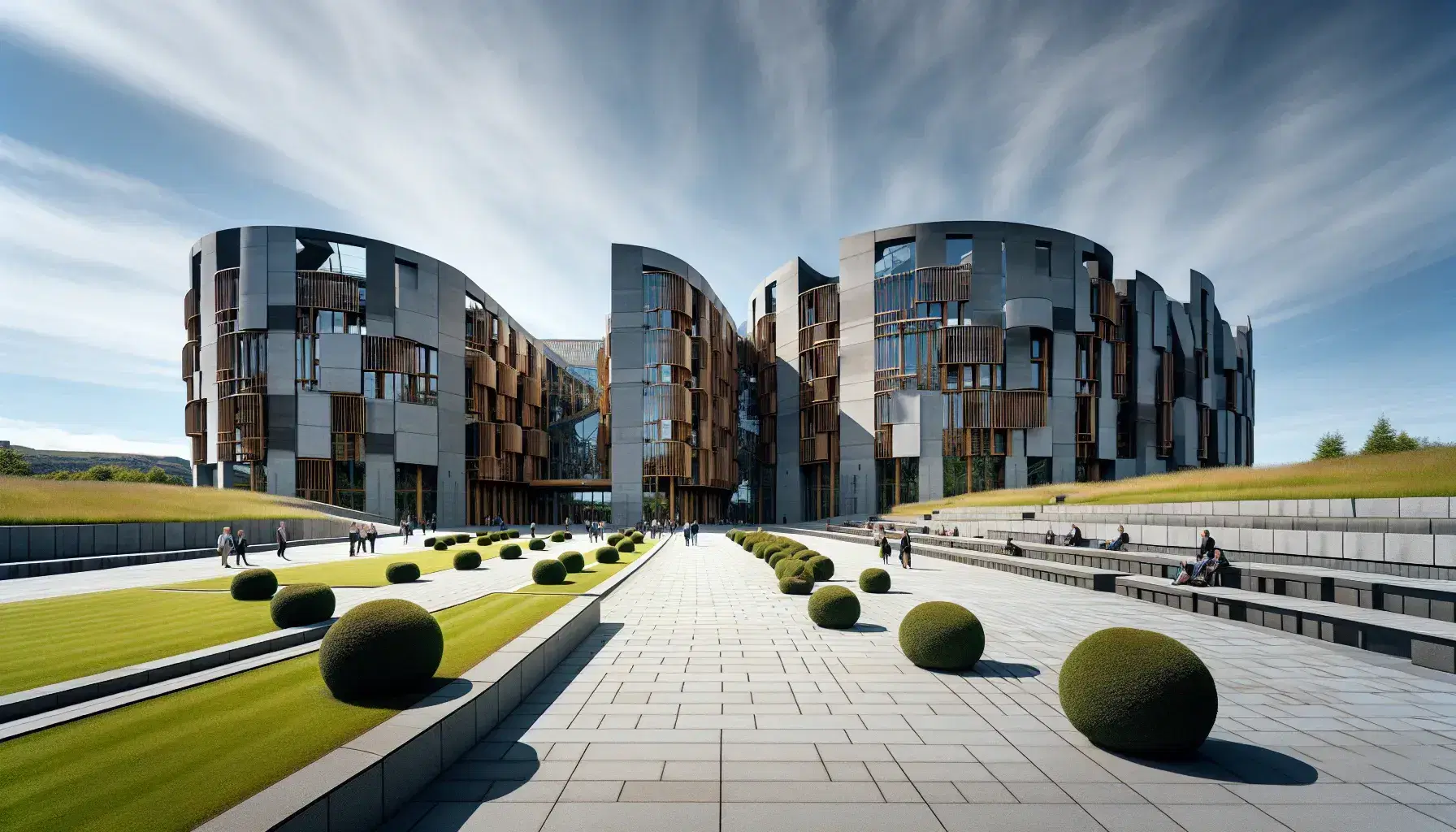 Scottish Parliament building in Edinburgh with modern curved and angular architecture, a manicured lawn, and visitors on a clear day.