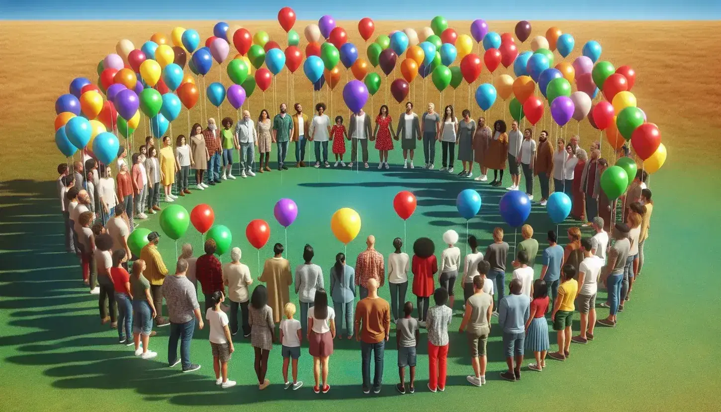 Diverse group holding colorful balloons in a semi-circle on a grassy field under a clear blue sky, representing unity and diversity.