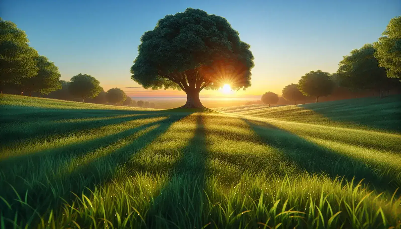 Sunrise over a green landscape with a dominant tree casting a long shadow, surrounded by smaller saplings and a clear, gradient sky.