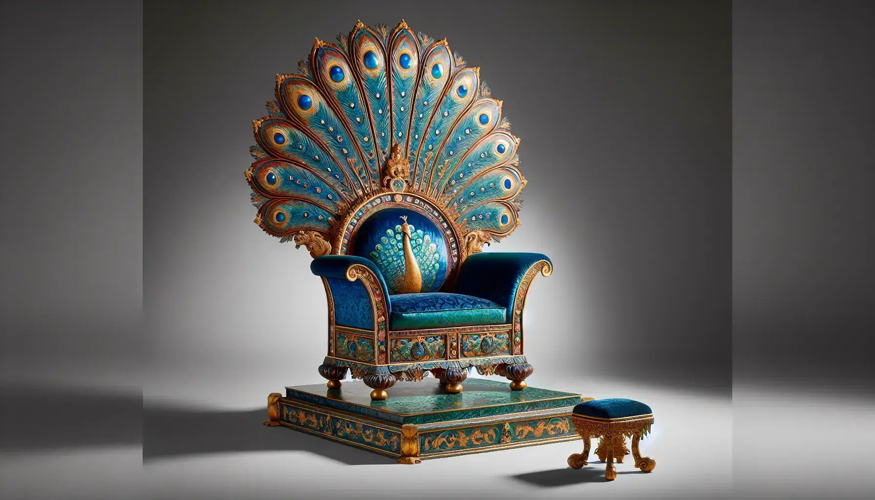 Replica of the Peacock Throne with a gemstone inlaid backrest, cushioned blue seat with gold threads, and flanking sculpted peacocks under a red and gold canopy.