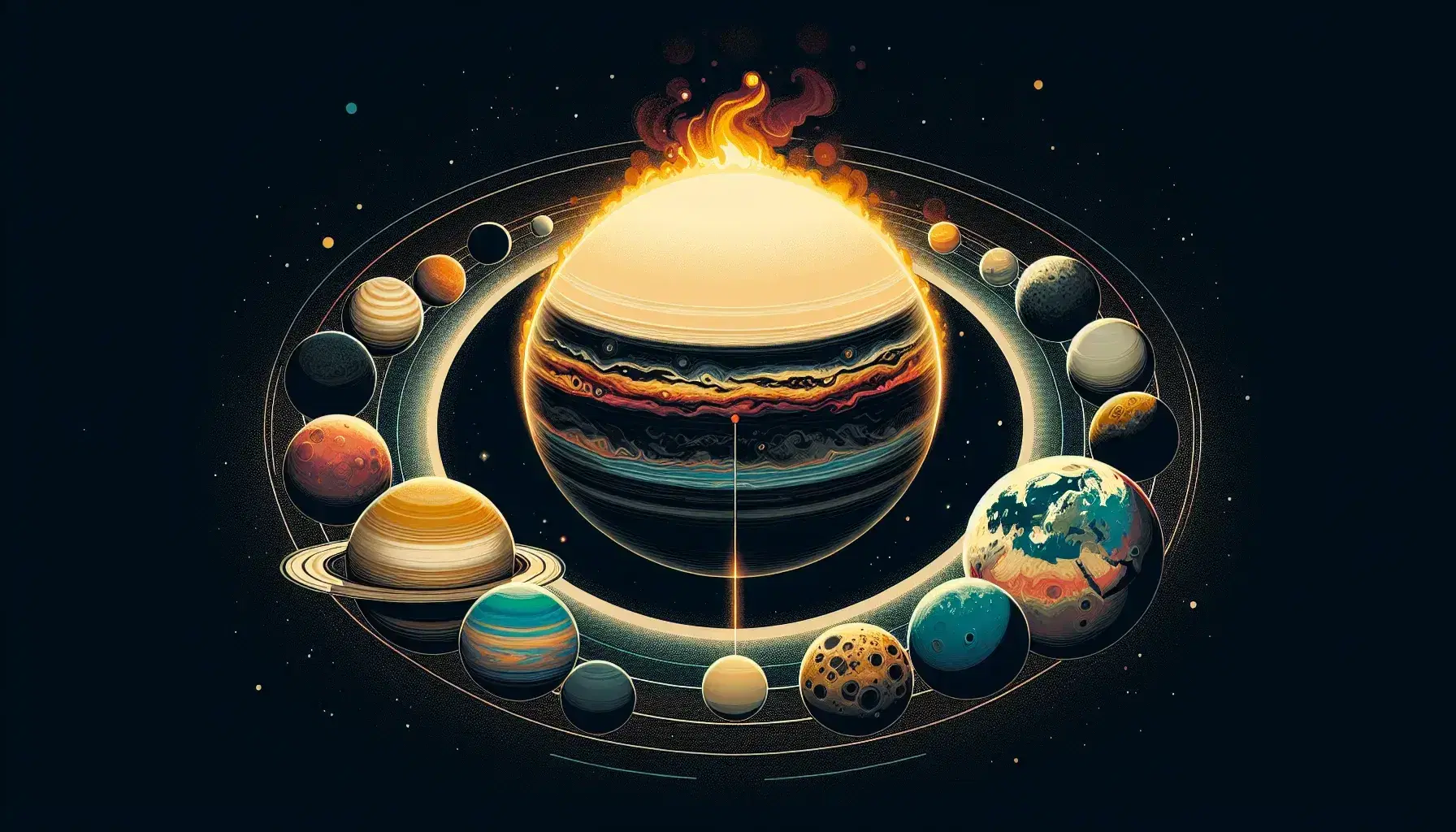 Rappresentazione artistica del sistema solare con il Sole al centro e otto pianeti colorati in orbita su sfondo spaziale nero.