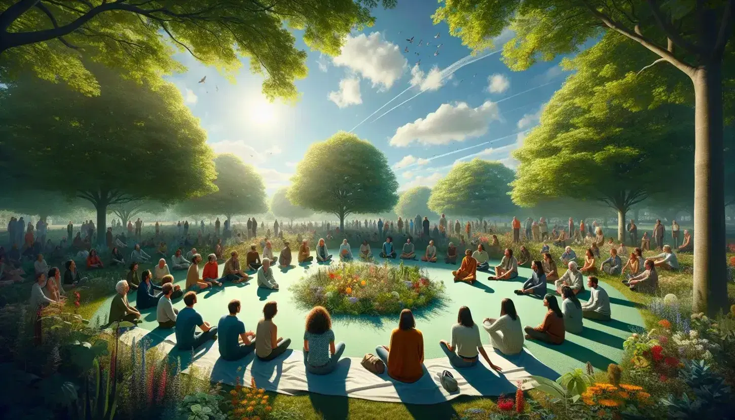 Grupo diverso de personas en conversación relajada al aire libre, sentadas en círculo en un parque con plantas y flores centrales, bajo árboles y cielo azul.