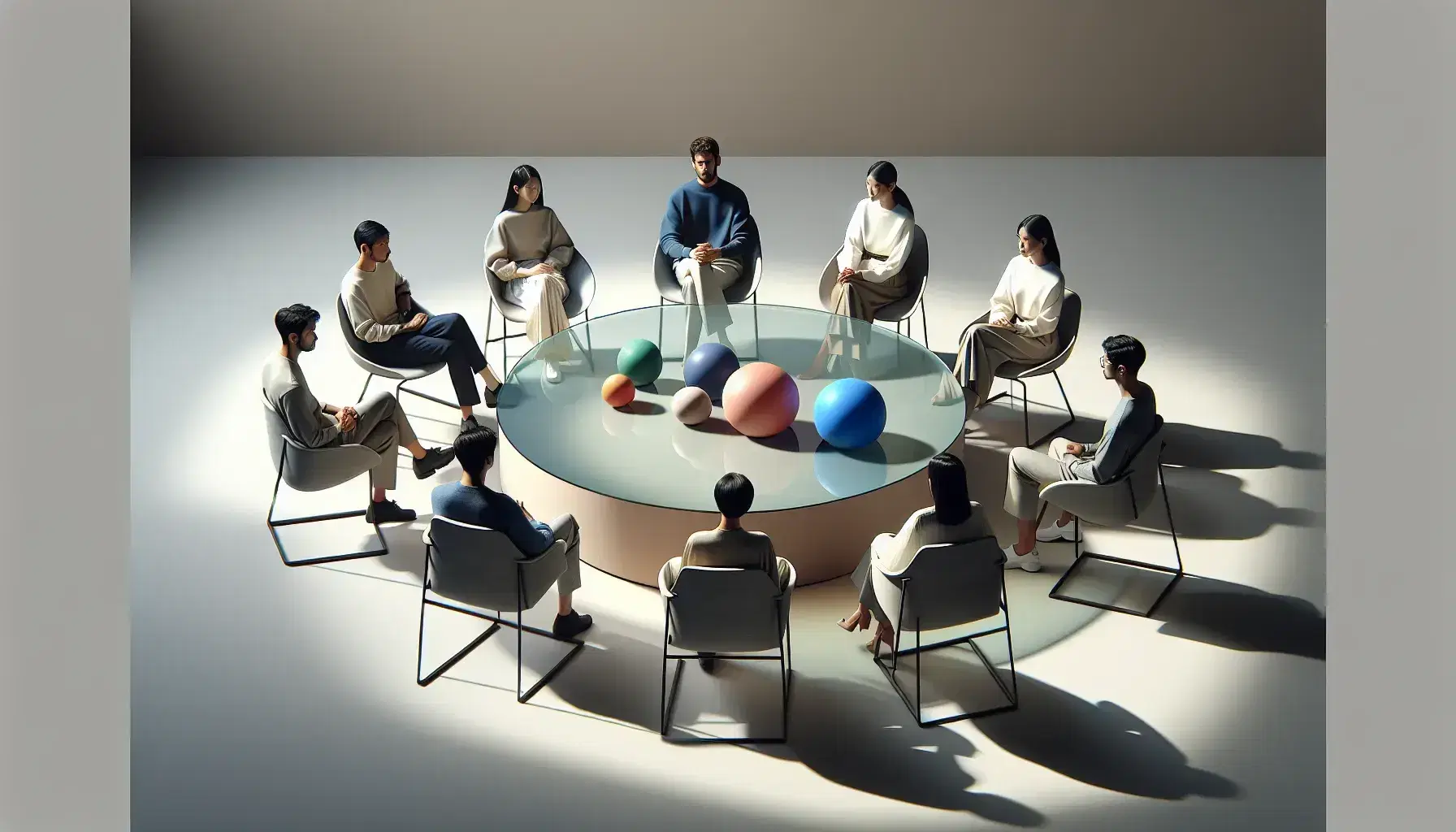 Eight people of different ethnicities and genders sitting in a circle on minimalist chairs discuss around a round table with colorful geometric objects.