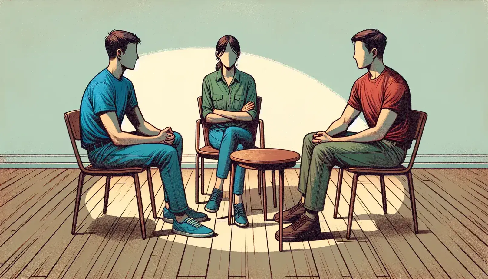 Tres personas sentadas en círculo en un salón iluminado con decoración minimalista, dialogando en un ambiente relajado y acogedor.