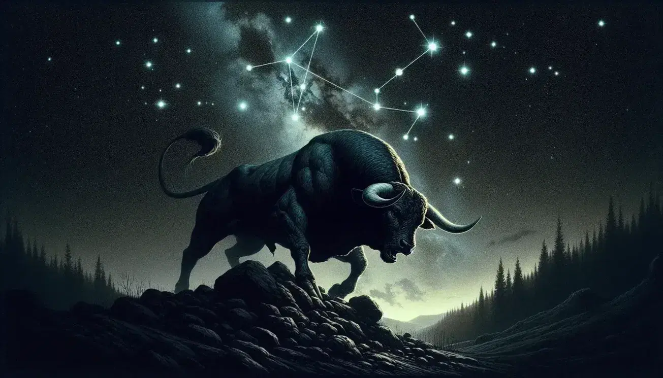 Cielo notturno stellato con costellazione di Orione e figura di toro carica su terreno roccioso, circondati da alberi e colline in silhouette.
