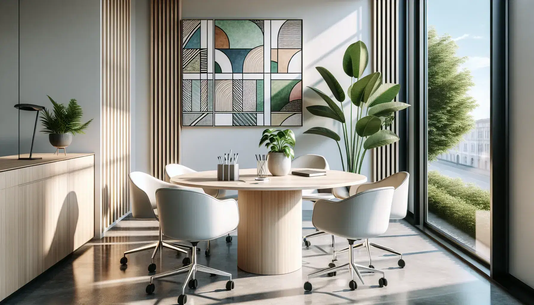 Espacio de oficina moderno y luminoso con mesa redonda, sillas ergonómicas blancas, planta verde, cuadros abstractos y ventana con vista al exterior.