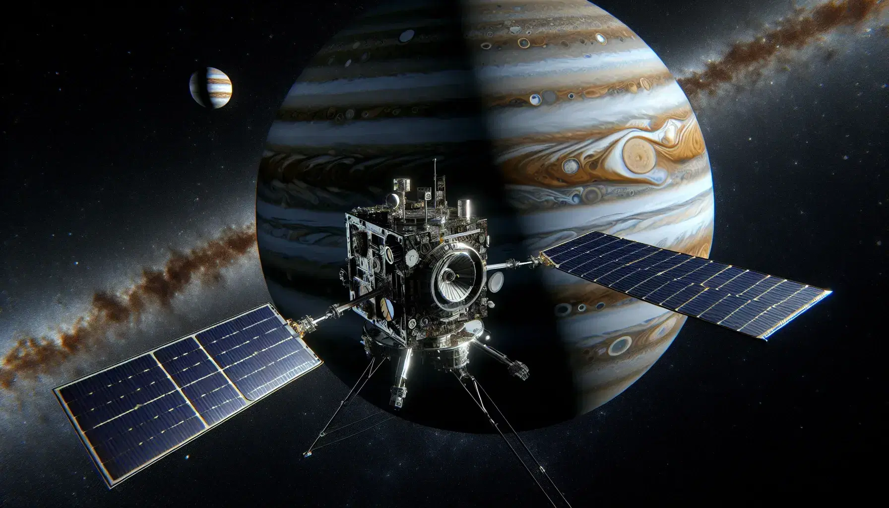 Sonda spaziale robotica con pannelli solari davanti a Giove e le sue lune, senza stelle visibili, esplorazione spaziale.