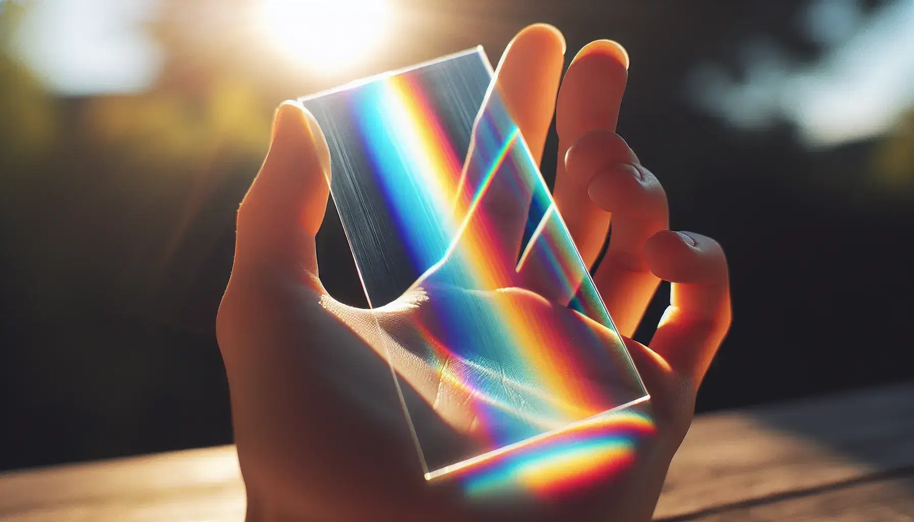 Hand holding a glass slide creating a rainbow spectrum on a blurred natural background, showcasing the dispersion of sunlight into colors.