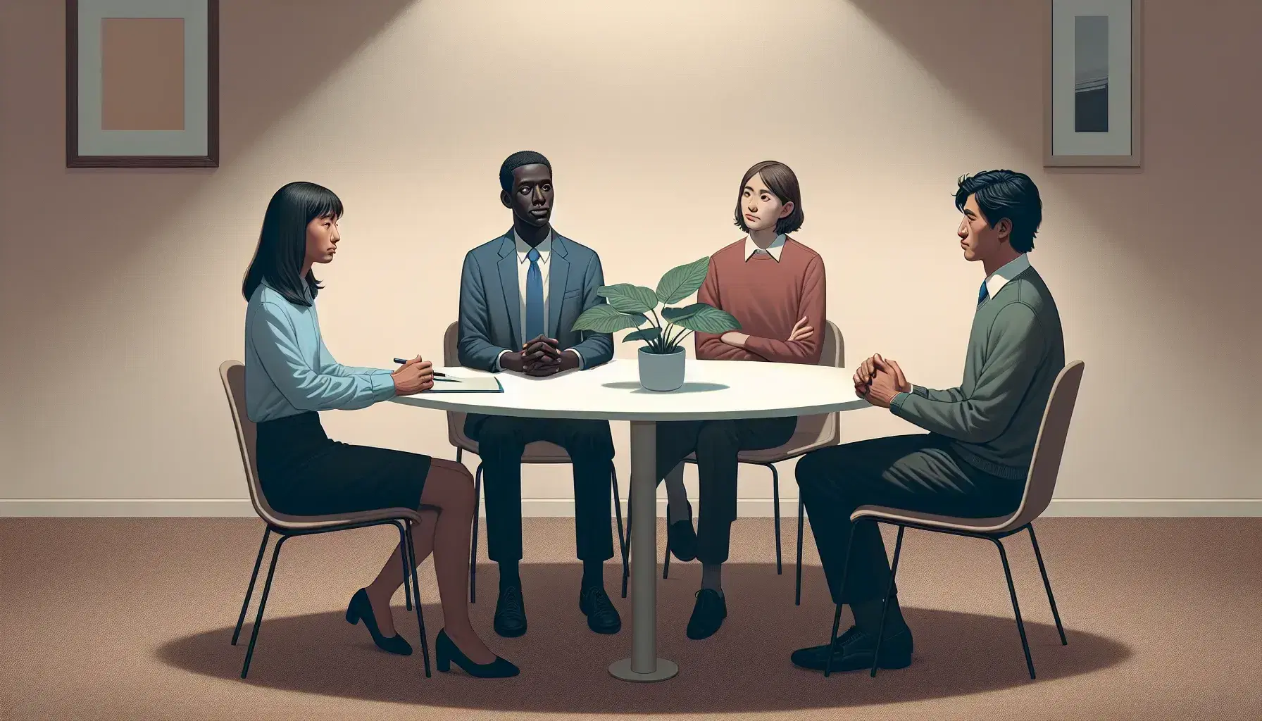 Four professionals engaged in a meeting around a round table with a green plant in the center in a formal setting.