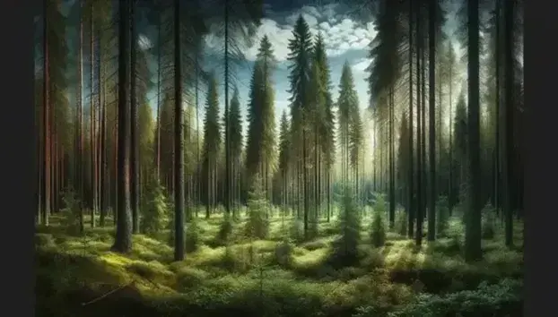 Foresta di conifere nella taiga con alberi di abeti e pini, alcuni rami virano in giallo-arancio, fauna locale e cielo parzialmente nuvoloso.