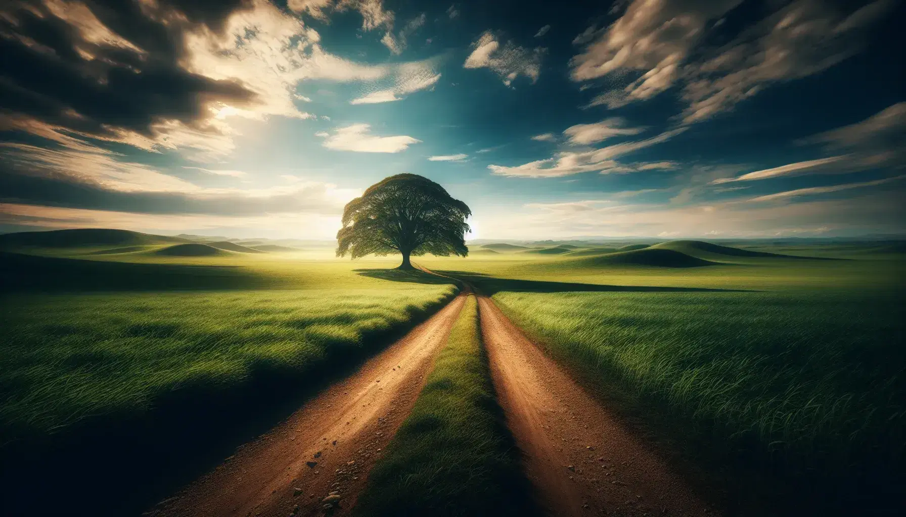Paisaje natural con sendero de tierra entre colinas verdes bajo cielo azul, árbol solitario a la izquierda y sombras marcadas.