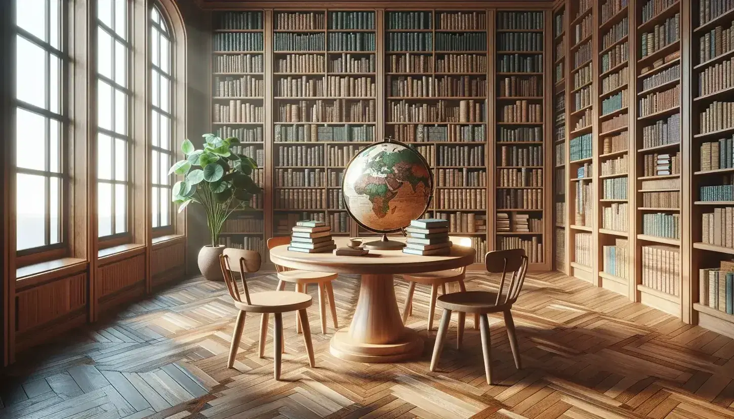 Biblioteca luminosa con estanterías de madera llenas de libros, mesa redonda con sillas y libros apilados, globo terráqueo en primer plano y planta verde al fondo.