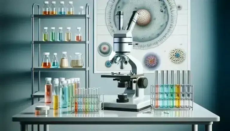 Laboratorio médico con microscopio moderno, tubos de ensayo con líquidos de colores y plato de Petri con colonias bacterianas, estantería con frascos y póster de célula humana.