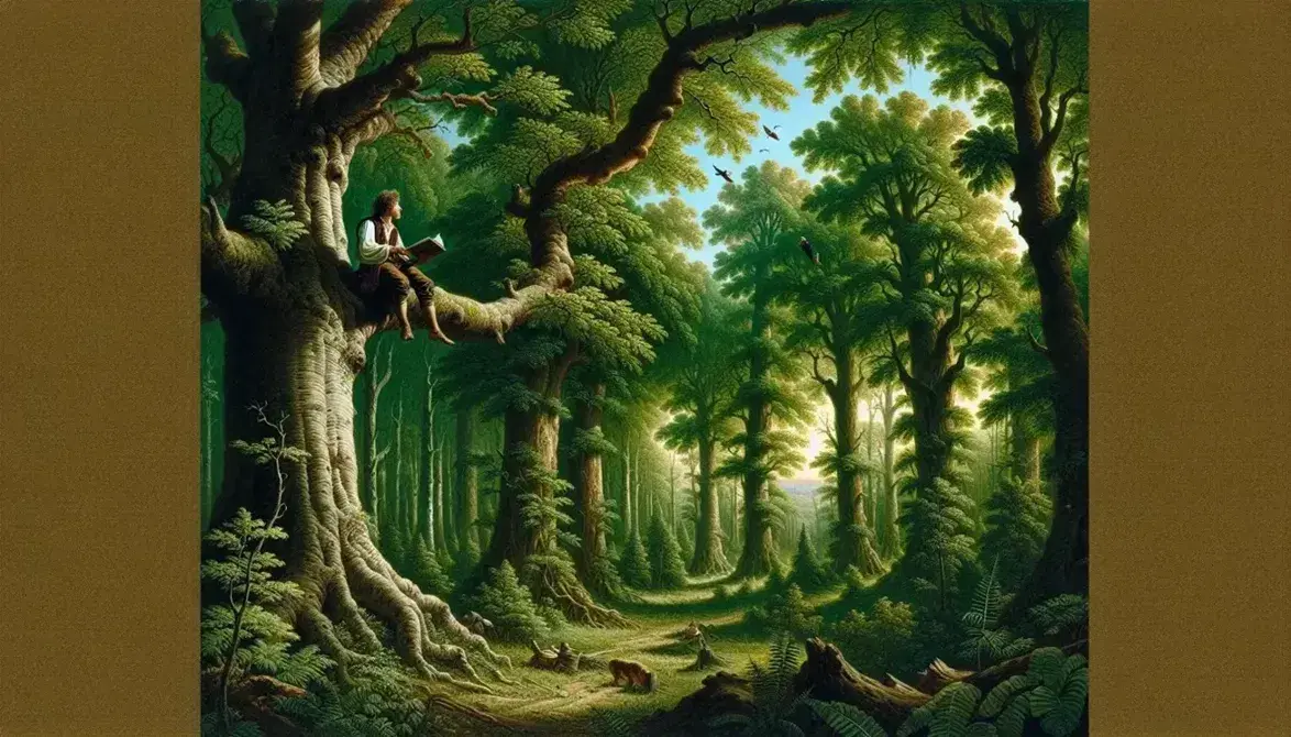 Lush forest scene with a young man in vintage attire reading a book on a tree branch, birds in flight, and a squirrel with a nut.